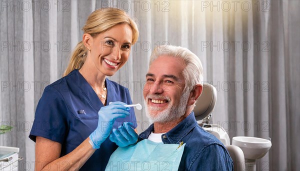 AI generated, dentist treats an attractive older man, senior, seniors, 65, dentist, blonde, 30, 35, years, dental treatment, follow-up, AI generated
