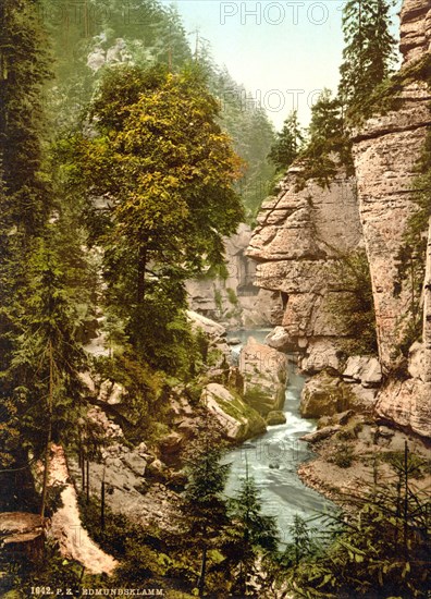 Edmund's Gorge, Kamnitz Gorge, Elbe Sandstone Mountains between Srbska Kamenice, Windisch-Kamnitz, Bohemia, Czech Republic, around 1890, Historical, digitally restored reproduction from a 19th century original Edmund's Gorge, Kamnitz Gorge, Elbe Sandstone Mountains between Srbska Kamenice, Bohemia, Czech Republic, around 1890, Historical, digitally restored reproduction from a 19th century original, Europe