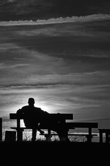 Silhouette against the sun, couple on a bench by the Baltic Sea, Ahrenshoop, Darss, Mecklenburg-Vorpommern, Germany, Europe