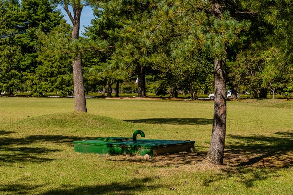 Green, rectangle underground maintenance access point shaded by evergreen trees in public park on sunny afternoon in South Korea