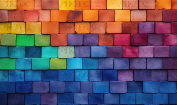 Wall of bricks showing a smooth transition from purple to orange colors, AI generated