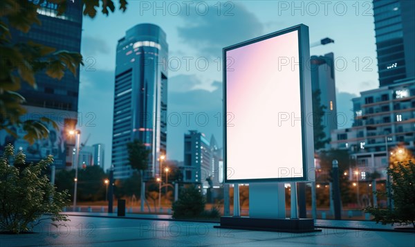 Blank street billboard on city street. Mock up of vertical advertising stand in the street AI generated