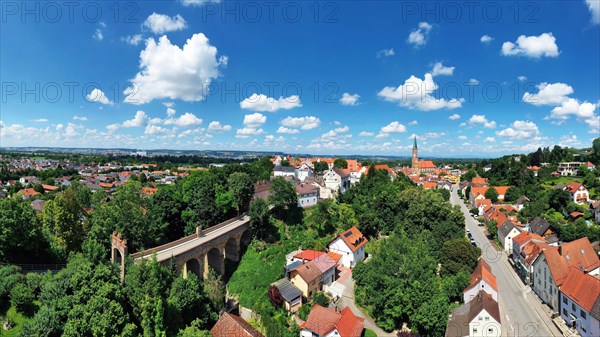 Aerial view of Dingolfing with a view of the historic town centre. Dingolfing, Lower Bavaria, Bavaria, Germany, Europe