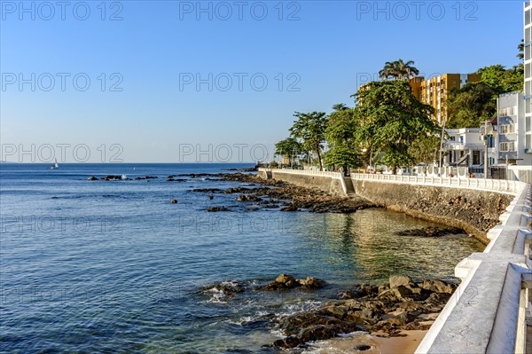 Seafront of the city of Salvador in Bahia in the Porto da Barra neighborhood with its buildings facing the sea, Salvador, Bahia, Brasil