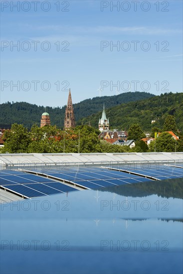 City view, PV system in the foreground, Freiburg im Breisgau, Black Forest, Baden-Wuerttemberg, Germany, Europe