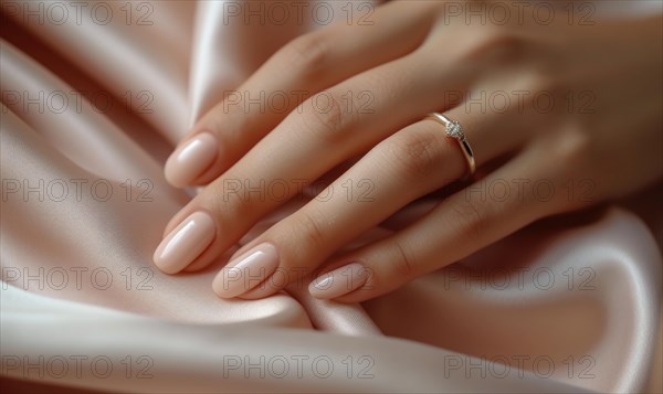 A woman's hand with a pink manicure and diamond ring on a lustrous silk fabric AI generated