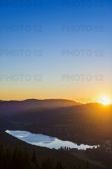 View from Hochfirst to Titisee and Feldberg, sunset, near Neustadt, Black Forest, Baden-Wuerttemberg, Germany, Europe