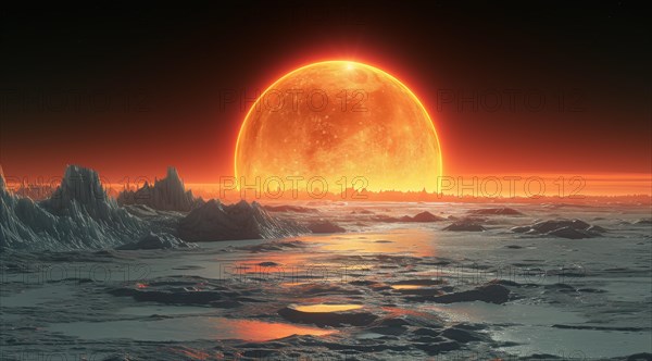 Twilight on an icy planet with a massive sun hovering over the horizon in a science fiction setting, AI generated