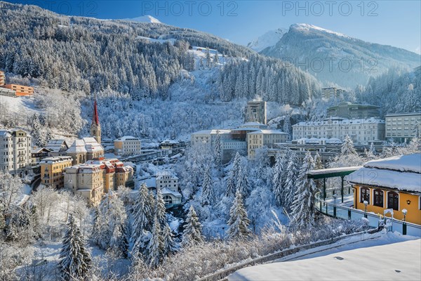 Snow-covered winter panorama of the village, Bad Gastein, Gastein Valley, Hohe Tauern National Park, Salzburg province, Austria, Europe