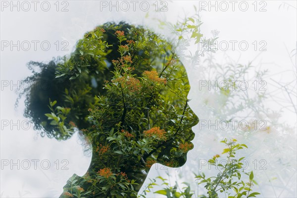 Aesthetic double exposure of a woman with dense green plant growth, symbolic image for environmentally conscious living, AI generated, AI generated