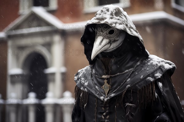 Person dressed as a plague doctor, adorned with the iconic crow mask, amidst the snowfall at the Venice Carnival, AI generated