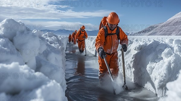 Lithium mining in a white salt lake in South America, AI generated