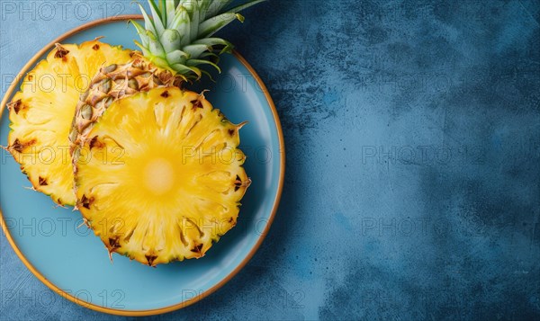 Pineapple slices on blue plate over blue background. Top view with copy space AI generated