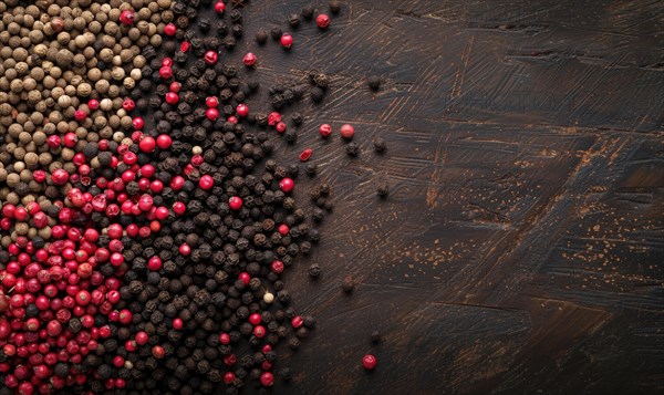 Black and pink pepper mix on wooden background. Top view with copy space AI generated