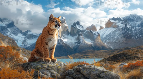 Puma sitting on a rocky ledge overlooking a sprawling mountainous landscape, ai generated, AI generated
