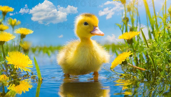 KI generated, animal, animals, bird, birds, biotope, habitat, one, single animal, foraging, wildlife, duck, ducks, domestic duck, female, (Anas platyrhynchos) white, white, yellow ducklings, young animals, animal children, two, three, four, white duck mother with yellow chicks, excursion, water, meadow, grass, spring, summer, flowers, pond, swimming, sitting, farm animal, domestic animal