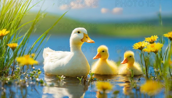 KI generated, animal, animals, bird, birds, biotope, habitat, one, single animal, foraging, wildlife, duck, ducks, domestic duck, female, (Anas platyrhynchos) white, white, yellow ducklings, young animals, animal children, two, three, four, white duck mother with yellow chicks, excursion, water, meadow, grass, spring, summer, flowers, pond, swimming, sitting, farm animal, domestic animal