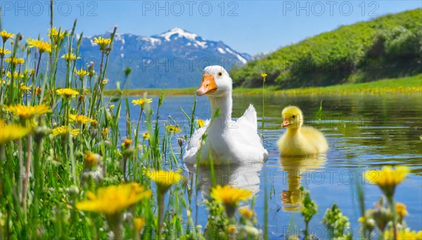 AI generated, animal, animals, bird, birds, biotope, habitat, one, individual, foraging, wildlife, goose, domestic goose, domestic geese, (Anser anser), female, gosling, gosling, yellow gosling, swim, pond, body of water, water, lie, meadow, flowers, summer, two, three, four, pet, domestic animals, farm animal, farm animals