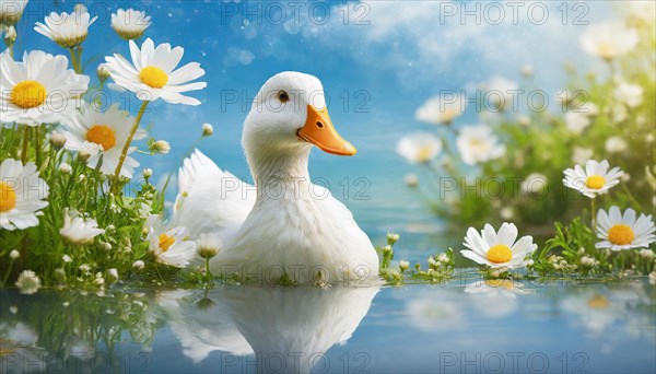 AI generated, animal, animals, bird, birds, biotope, habitat, one, individual, foraging, wildlife, goose, domestic goose, domestic geese, (Anser anser), female, gosling, gosling, yellow gosling, swim, pond, body of water, water, lie, meadow, flowers, summer, two, three, four, pet, domestic animals, farm animal, farm animals