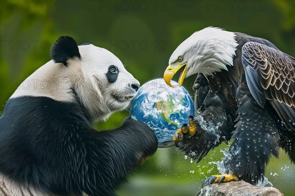 Dynamic scene of a panda and a bald eagle fighting over a globe, symbolising the cultural, ideological and economic domination of the world between China and the USA, AI generated, AI generated