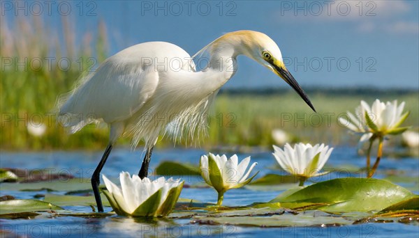 Ai generated, animal, animals, bird, birds, biotope, habitat, a, individual, swims, waters, reeds, water lilies, blue sky, foraging, wildlife, summer, seasons, little egret (Egretta garzetta)