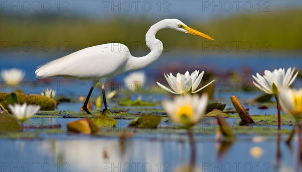 KI generated, animal, animals, bird, birds, biotope, habitat, one, individual, water, reeds, water lilies, blue sky, foraging, wildlife, summer, seasons, great egret, (Adrea alba, Syn: Casmerodius albus, Egretta alba)