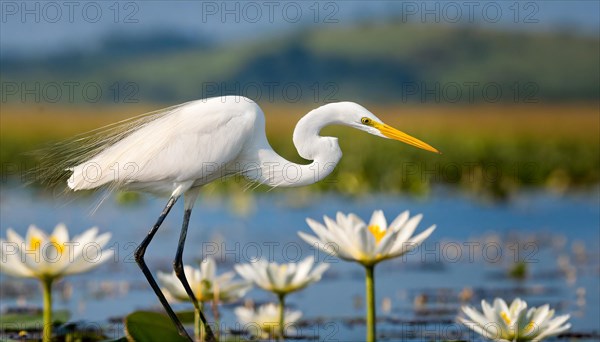 KI generated, animal, animals, bird, birds, biotope, habitat, one, individual, water, reeds, water lilies, blue sky, foraging, wildlife, summer, seasons, great egret, (Adrea alba, Syn: Casmerodius albus, Egretta alba)