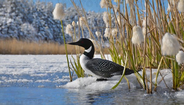 Ai generated, animal, animals, bird, birds, biotope, habitat, a, individual, swims, waters, reeds, water lilies, blue sky, foraging, wildlife, winter, seasons, loon, (Gavia immer), tundra, Greenland, Iceland, Canada, loon, winters on the coasts of Europe, North America