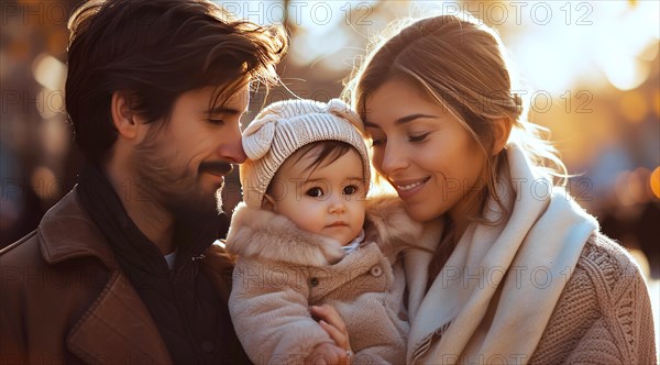 Young parents cuddling their baby, dressed in warm clothes against a city backdrop, ai generated, AI generated