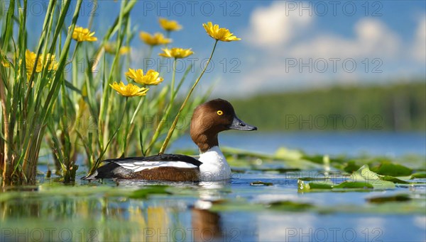 KI generated, animal, animals, bird, birds, biotope, habitat, a, individual, swims, water, reeds, water lilies, blue sky, foraging, wildlife, summer, seasons, northern shoveler (Spatula clypeata), female