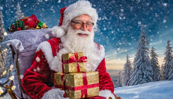 AI generated, man, 70+, Father Christmas, red coat, backpack, full beard, winter, snow, ice, fir trees, snowy, snowflakes, winter landscape, Christmas hat, costume, clothes, colourful, colourful presents, packages, nice teeth, smiles, friendly, Christmas, evening, night shot, winter forest