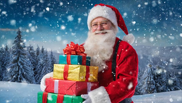 AI generated, man, 70+, Father Christmas, red coat, backpack, full beard, winter, snow, ice, fir trees, snowy, snowflakes, winter landscape, Christmas hat, costume, clothes, colourful, colourful presents, packages, nice teeth, smiles, friendly, Christmas, evening, night shot, winter forest