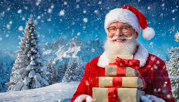 AI generated, man, 70+, Father Christmas, red coat, backpack, full beard, winter, snow, ice, fir trees, snowy, snowflakes, winter landscape, Christmas hat, costume, clothes, colourful, colourful presents, packages, nice teeth, smiles, friendly, Christmas, evening, night shot, winter forest