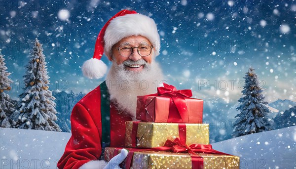 AI generated, man, 70+, Father Christmas, red coat, backpack, full beard, winter, snow, ice, fir trees, snowy, snowflakes, winter landscape, Christmas hat, costume, clothes, colourful, colourful presents, packages, nice teeth, smiles, friendly, Christmas, evening, night shot, winter forest