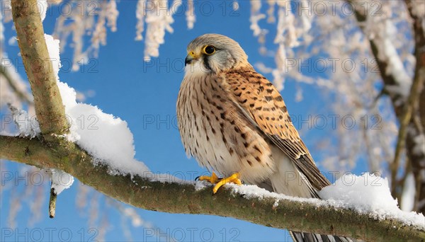 Ai generated, animal, animals, bird, birds, biotope, habitat, a, individual, perches, branch, common kestrel (Falco tinnunculus), winter, snow, ice