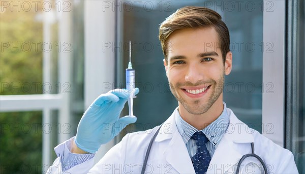 Ai generated, RF, man, men, doctor, doctors, 30, 35, years, attractive, attractive, doctor's office, holds a syringe in his hand, disposable syringe, flu shot, corona, pneumococcus, prevention, health, smiles, beautiful teeth, bearded man