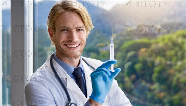 Ai generated, RF, man, men, doctor, doctors, 30, 35, years, attractive, attractive, doctor's office, holds a syringe in his hand, disposable syringe, flu shot, corona, pneumococcus, prevention, health, smiles, beautiful teeth, bearded man