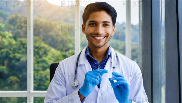 Ai generated, RF, man, men, doctor, doctors, 30, 35, years, attractive, attractive, doctor's office, holds a syringe in his hand, disposable syringe, flu shot, corona, pneumococcus, prevention, health, smiles, beautiful teeth, bearded man