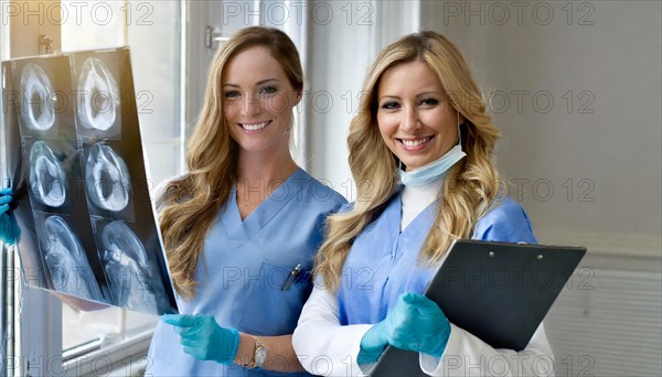 KI generated, RF, woman, woman, two, female, doctor, doctor team, team, 30+, years, attractive, attractive, doctor's office, look at an x-ray, x-ray, examination, check-up, health, blond, blonde, blonde, beautiful teeth, long hair, two people, two woman