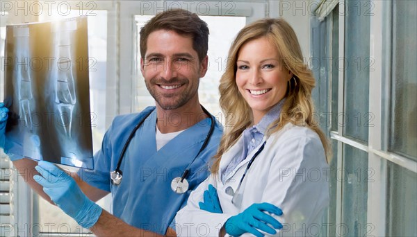 KI generated, RF, woman, woman, man, doctor, medical, medical team, team, 30+, years, attractive, attractive, doctor's office, look at an x-ray, x-ray, examination, check-up, health, blonde, blond, blonde, beautiful teeth, long hair, beard bearer, two people