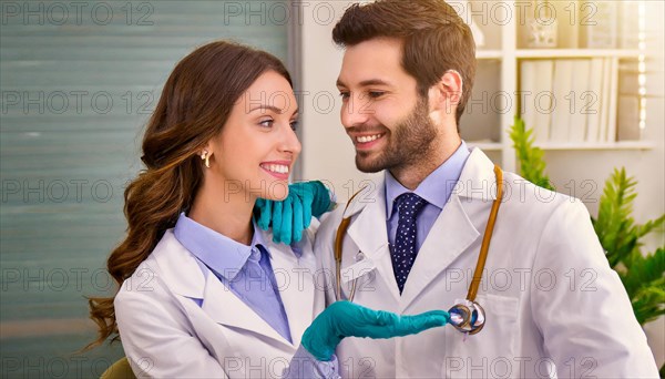 AI generated, RF, woman, woman, man, men, doctor, female doctor, two, 30-35, years, attractive, attractive, doctor's office, hold, hand, in love, love, affection, tenderness, blond, blonde, blonde, beautiful teeth, long hair, two people, lovers, bearded, AI generated