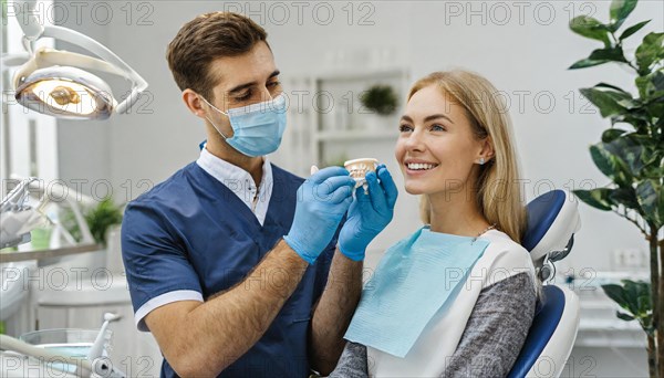 AI generated, A dentist treats a young woman, Blonde, 30, 35, years, Dental treatment, Follow-up examination, Dentist has a beard, AI generated