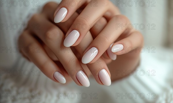 Female hand with white nail design. Nail polish manicure AI generated