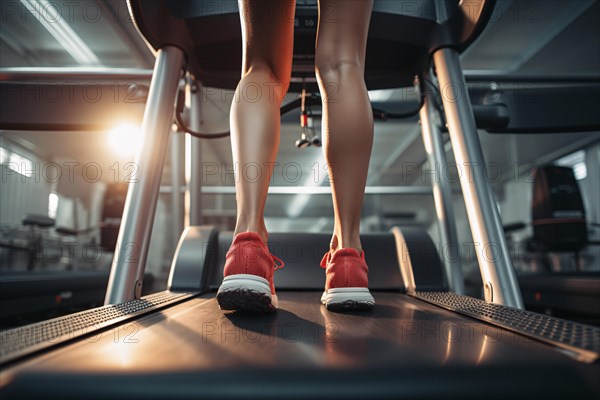 Back view of woman's legs in sport shoes on tread mill. KI generiert, generiert AI generated