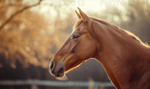 Horse captured in golden hour sunlight, with a calm profile view AI generated