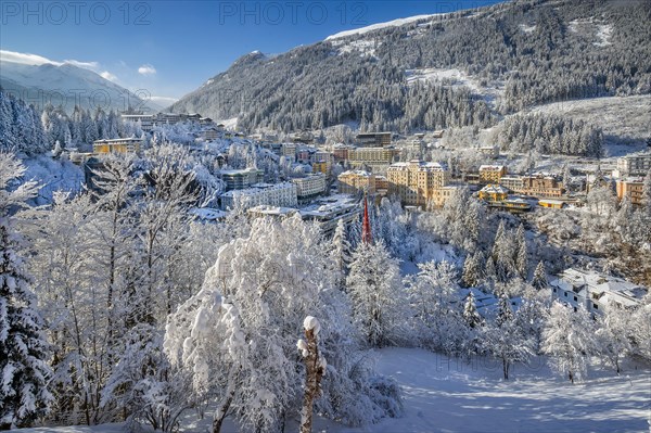 Snow-covered winter panorama of the village, Bad Gastein, Gastein Valley, Hohe Tauern National Park, Salzburg province, Austria, Europe