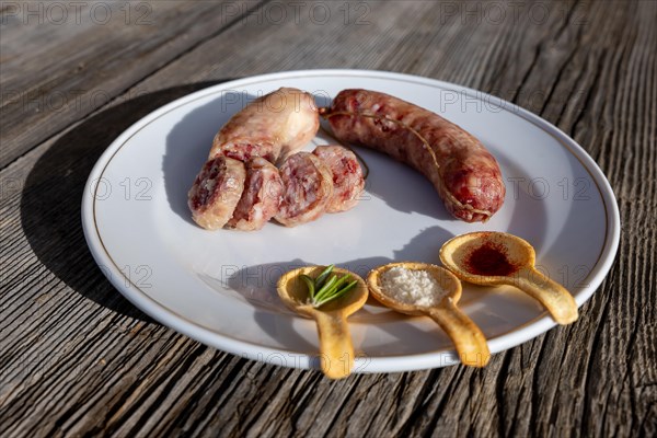 A Plate with Luganighe Sausage and with Species in Spoon Like Saffron and Parmesan Cheese and Rosemary on a Plate on a Wood Table with Sunlight in Lugano, Ticino, Switzerland, Europe