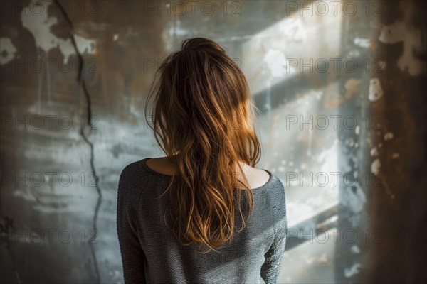 Teenager from behind in front of an urban, blurred background, her curly hair in focus, symbolic image for depression and abuse, AI generated, AI generated