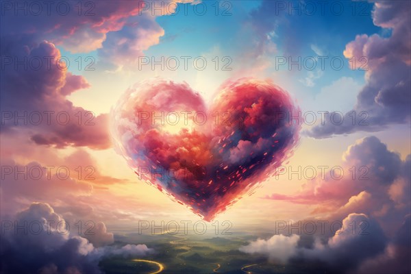 Painting of a heart-shaped cloud illuminated by the warm hues of sunset, floating above a serene sea of clouds. For love, romance, tenderness and Valentine day design, AI generated