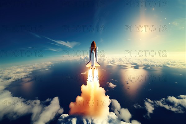 Aerial view of a rocket shuttle carrier launch at sunrise over an ocean coast. The rocket is blasting off with a trail of smoke and flames behind it, AI generated